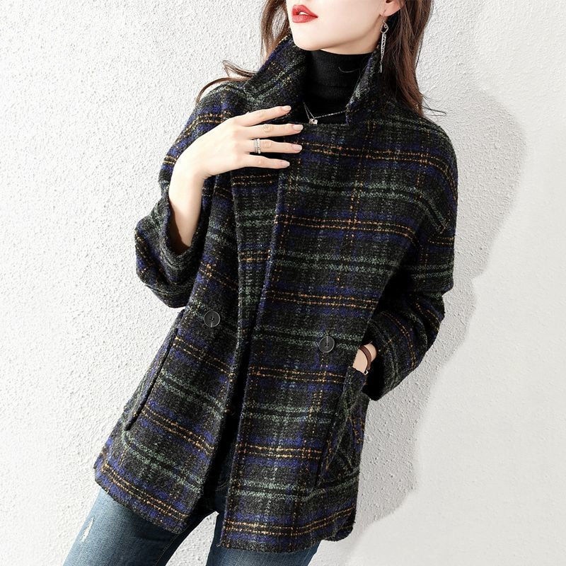 Women Plus Size Plaid Woolen S - Wool Coat Peacoat ulasan dan harga