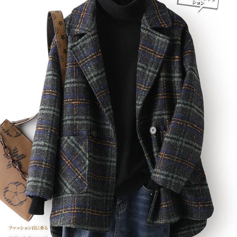 Women Plus Size Plaid Woolen S - Wool Coat Peacoat ulasan dan harga