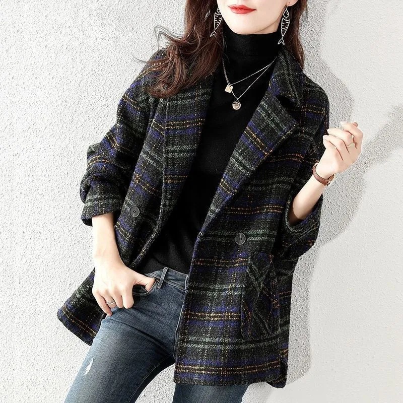Women Plus Size Plaid Woolen S - Wool Coat Peacoat ulasan dan harga